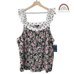 New! Angels Black Floral Spaghetti Strap Peasant Tropical Cotton Top